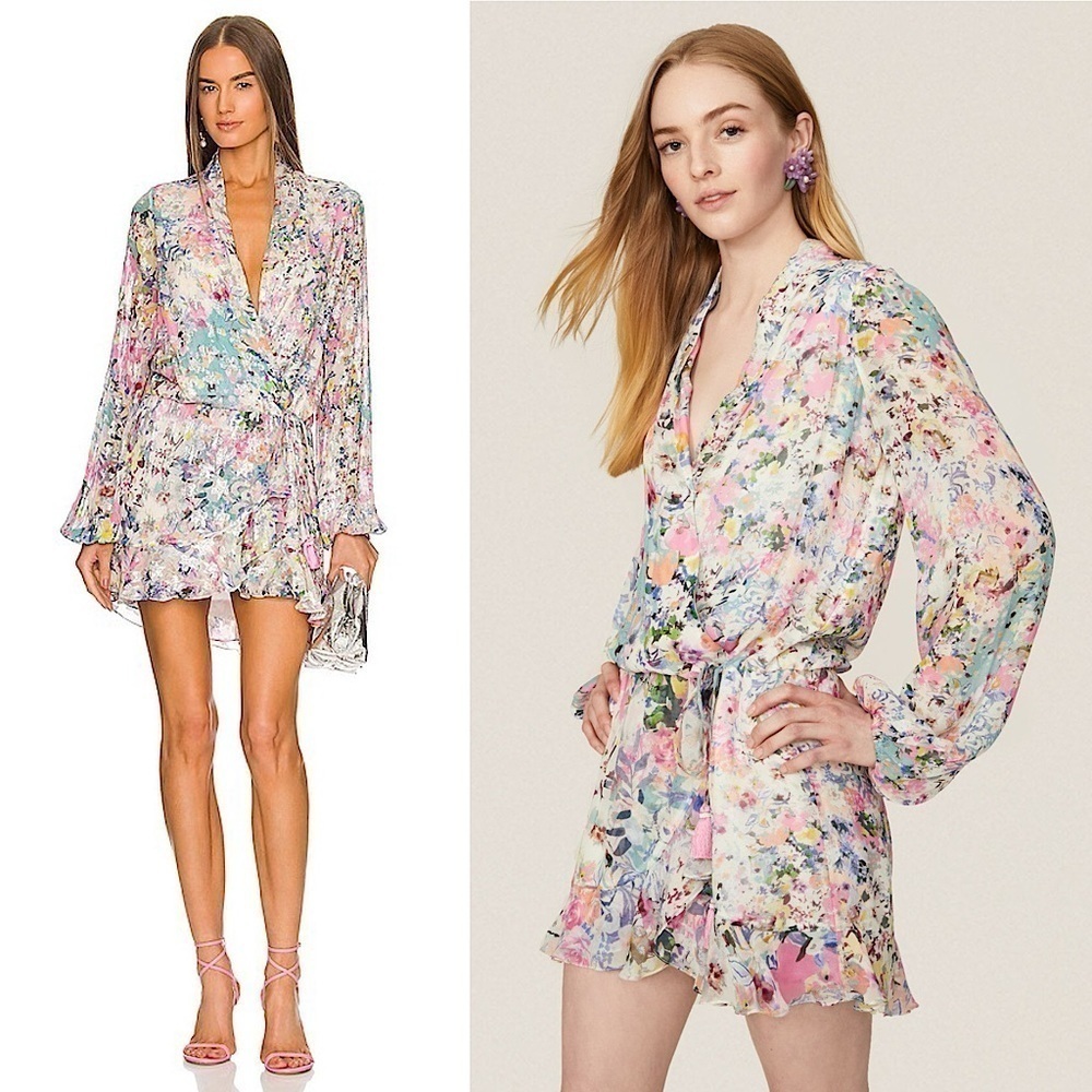 ROCOCO SAND Lelia Floral Chiffon Puff Long Sleeve Tassel Tie Ruffle Wrap Dress S